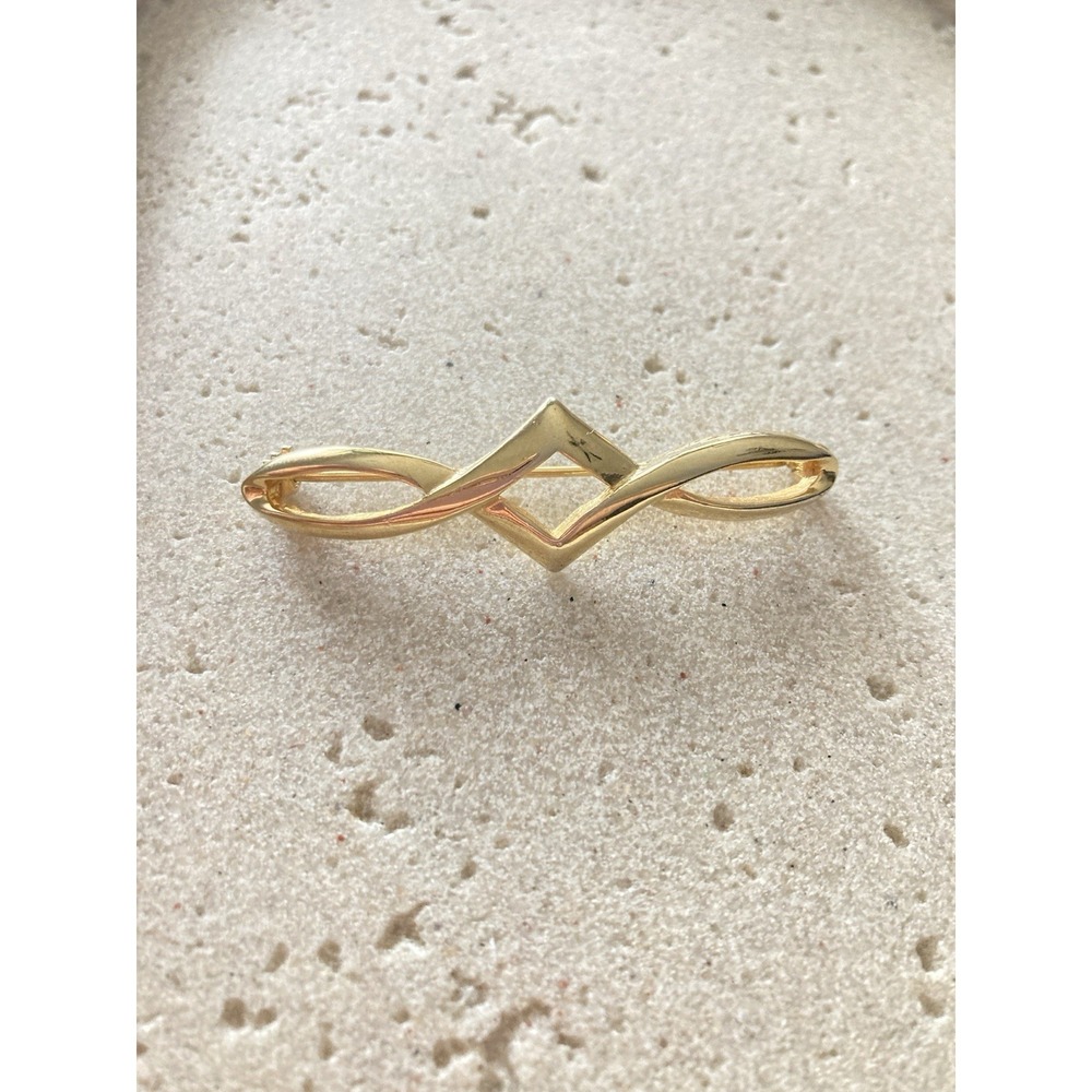 Gold Tone Bar Brooch Geometric Abstract Center Open Ribbon Retro Mod Glam